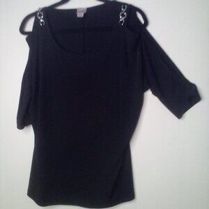 Easywear By Chico's Blouse Shirt 1 S 3/4 Sleeve Cold Shoulder Metal Detail Black